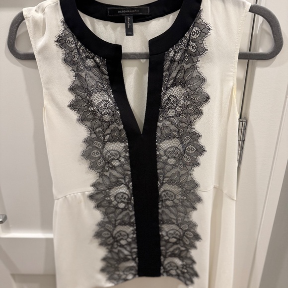 BCBG Maxazria, Size Small, White with Black Lace, soft peplum Top - Picture 1 of 3